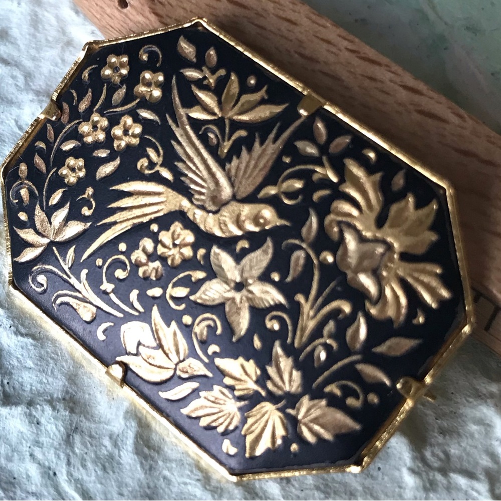 Damascene Octagon Shape Brooch Real Gold Inlay Wide EVC 1-3/16”W x 1”H